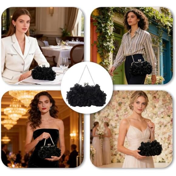 Elegant Black Evening Purse Small Floral Clutch Bag with Detachable Chain Strap - Picture 7 of 8